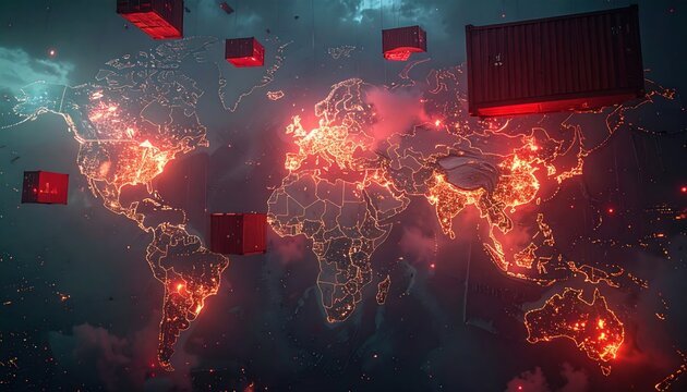 World map lit with orange and red lights, cargo containers floating