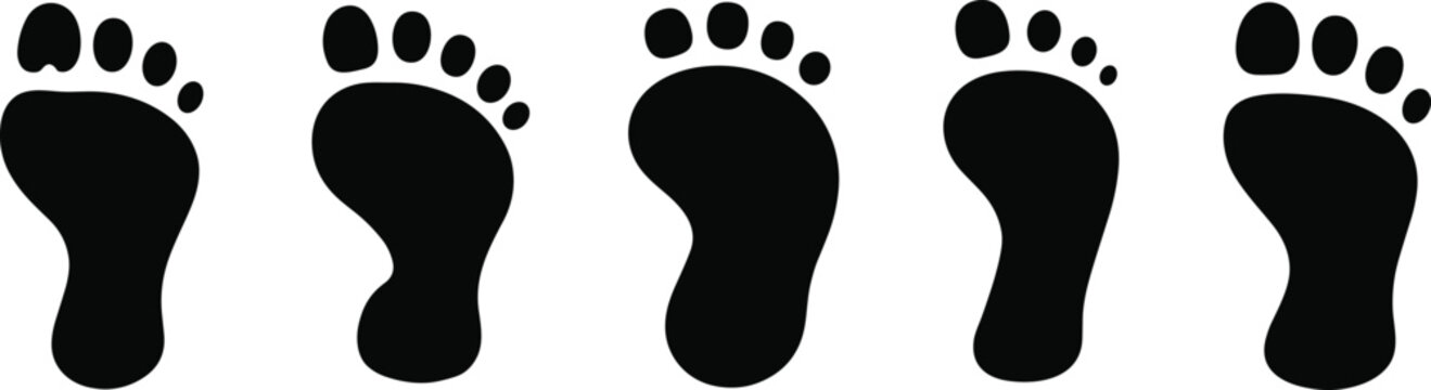 Set of black human footprints silhouettes isolated on white background, walking steps pattern, barefoot tracks collection, minimal design for fitness, movement, trail, or direction concept