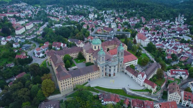 Aerial view of the old town city and monastery Weingarten in  south Germany on a cloudy day in summer