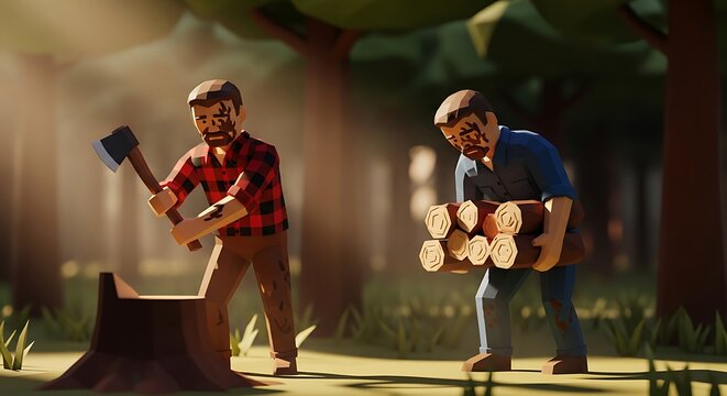 Cartoon lumberjacks felling trees in forest with axe and cut logs