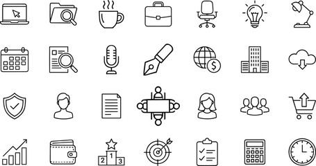 Fototapeta premium Comprehensive business and office icon set featuring professional line art symbols for corporate management, financial growth, teamwork, and remote workplace productivity.