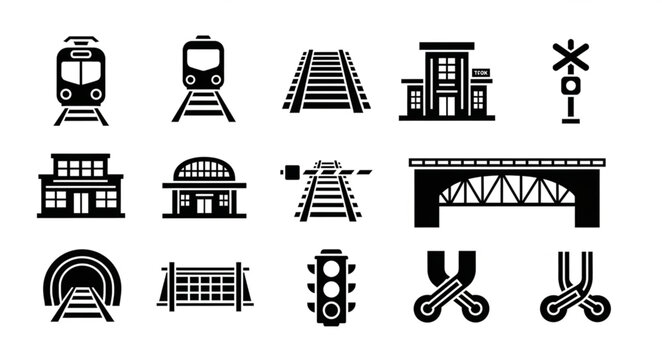 Collection of railway transportation icons and symbols.