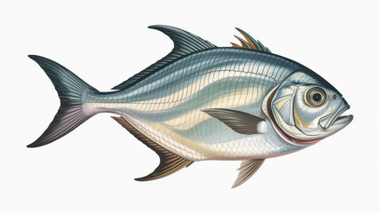 Fototapeta premium Realistic of a silver fish with blue highlights and fins on a clean white background