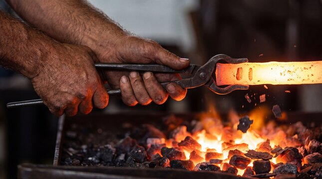 blacksmith hands holding glowing steel bar tongs forge fire hot metal industrial workshop heat dramatic lighting craftsmanship close up 4K