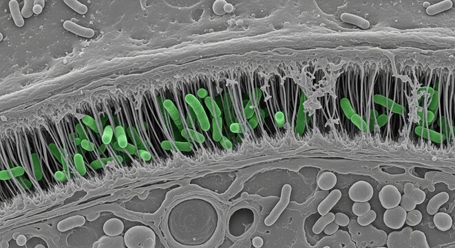 Scanning electron microscope image of bacteria amongst cell structures in a biological sample.