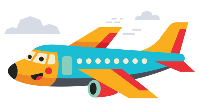 Friendly aircraft with a smiling face, soaring in sky. Bright, colorful jet with wings and windows, illustration for children.