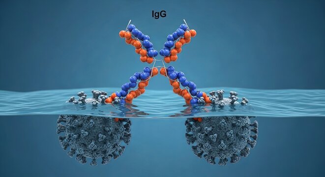 Conceptual illustration of IgG antibody interacting with coronavirus particle to neutralize infection.