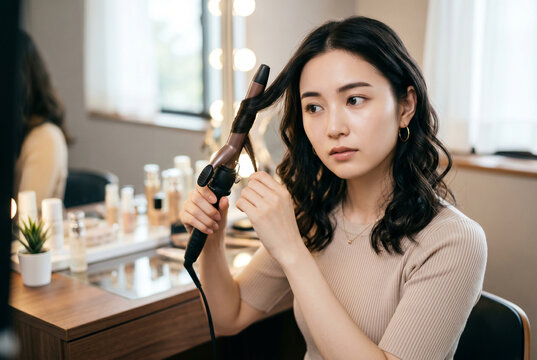 ドレッサーの前でヘアアイロンを使い髪を巻く若い日本人女性 美容と身支度の時間 Generative AI
