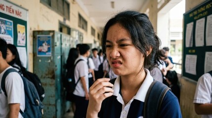 Fototapeta premium Young student with a disgusted expression in school hallway.