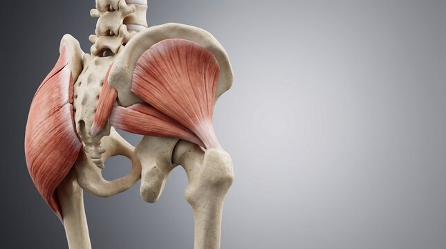 Detailed 3D anatomical model of human pelvis and gluteal muscles view