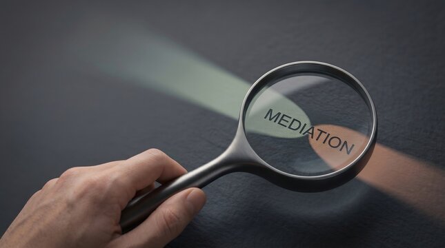 Magnifying glass held by hand over the word mediation. Legal conflict resolution and negotiation concept. Professional dispute management service. Dispute settlement strategy analysis.