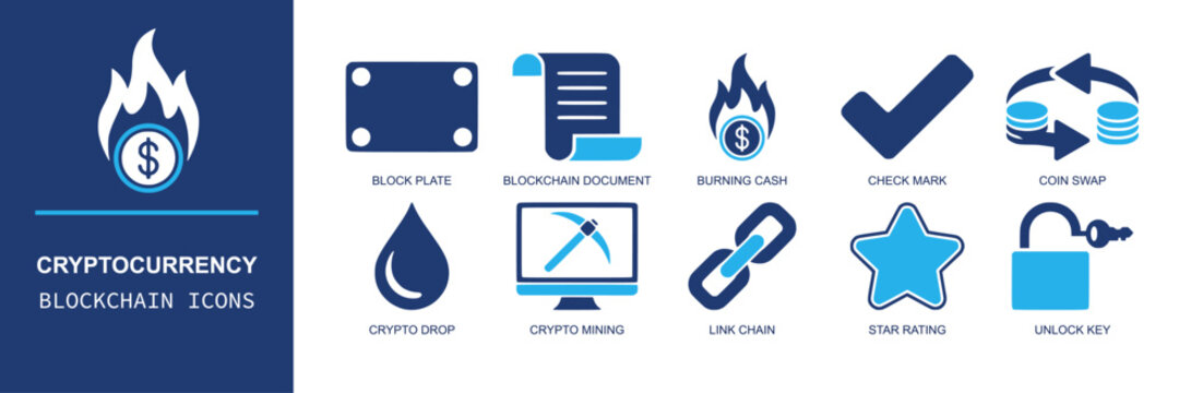 Cryptocurrency blockchain icon set. Containing block plate, document, burning cash, coin swap, crypto drop, mining, link chain, star rating, unlock key and more. Solid fill vector icons.