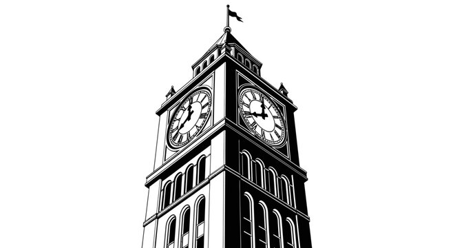 Black and white illustration of a historic clock tower