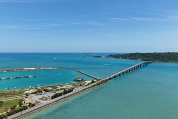 Obraz premium Aerial view of Henza South Port in Okinawa Japan with turquoise sea