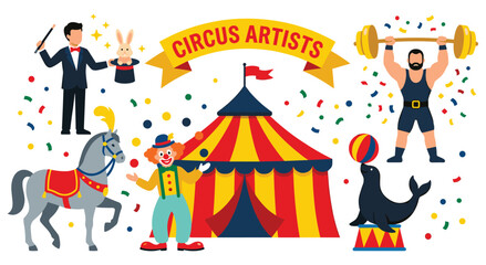 Naklejka premium Magician, strongman, clown, horse, seal, rabbit performing acts. Big top tent, festive confetti, entertainment, show, carnival, circus artists.