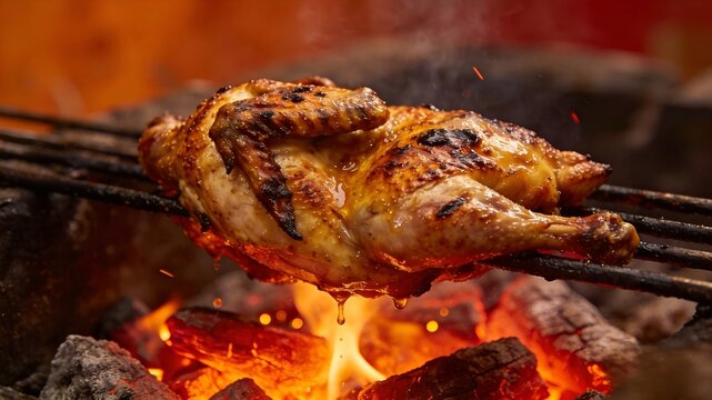 Close-up of a whole chicken being grilled over an open flame, showcasing golden crispy skin and juicy meat dripping with flavorful fat. The glowing embers and rising sparks create a warm, rustic atmos