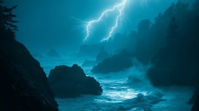 Forked Lightning Illuminates a Dramatic and Rugged Coastline During a Powerful Ocean Storm