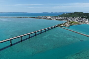 Fototapeta premium Aerial view of bridge between Hamahiga and Henza islands in Okinawa Japan