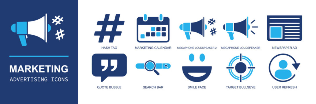 Marketing advertising icon set. Containing hash tag, calendar, megaphone, loudspeaker, newspaper ad, quote bubble, search bar, smile, target, user refresh and more. Solid fill vector icons.