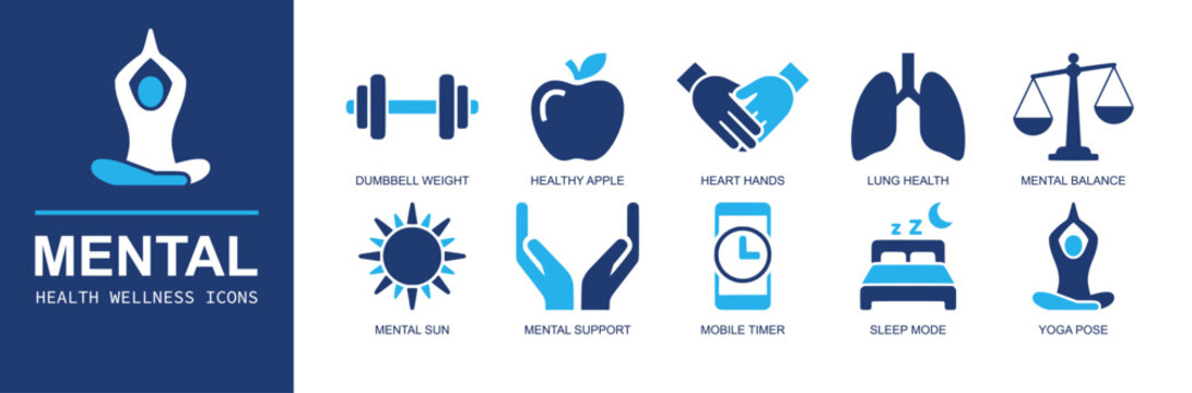 Mental health wellness icon set. Containing dumbbell, apple, heart hands, lung, mental balance, sun, support, mobile timer, sleep mode, yoga pose and more. Solid fill vector icons.