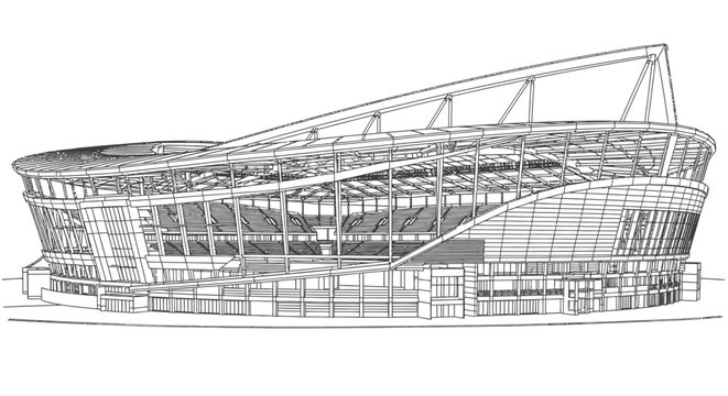 Architectural line drawing of a modern sports stadium exterior