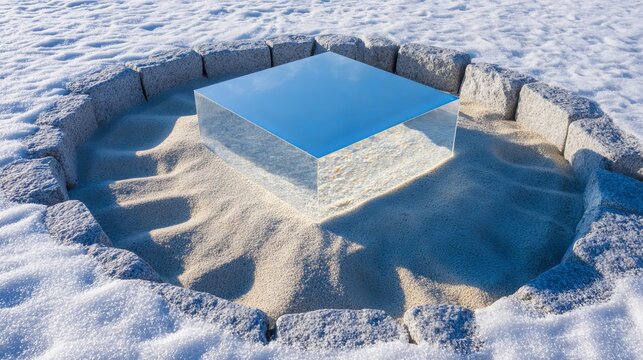 A transparent acrylic cube frame with a reflective surface sits on a bed of sand within a border of stones and snow.