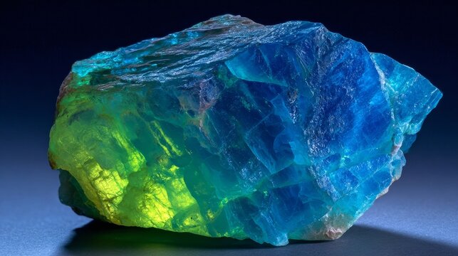 Vibrant fluorescent calcite specimen glows with an eerie blue, green, and yellow luminescence under ultraviolet light