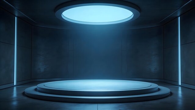Futuristic empty room with circular platform