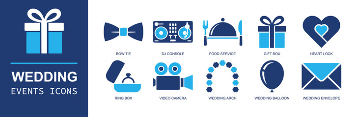 Wedding events icon set. Containing bow tie, dj console, food service, gift box, heart lock, ring box, video camera, wedding arch, balloon, envelope and more. Solid fill vector icons. © Ella