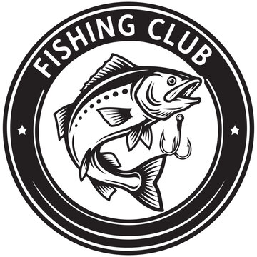 Fishing club logo emblem with jumping trout and hook vector illustration isolated on white background