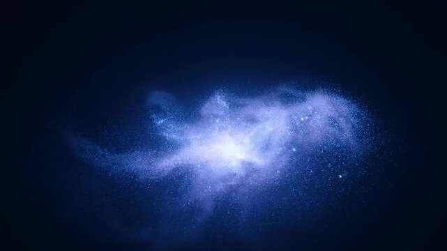 Abstract swirling blue and white cosmic dust cloud with bright center against dark background.