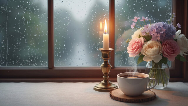 Softly glowing candle on a candlestick, steaming coffee and pastel flowers on a windowsill table with a rainy window, cozy and calm rainy day aesthetic