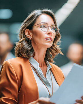 Confident businesswoman with glasses holding documents, focused during a professional meeting or presentation.