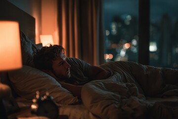 Fototapeta premium Sleepless night: a man awake in a dim bedroom with tangled sheets, a glowing clock, and a worried expression