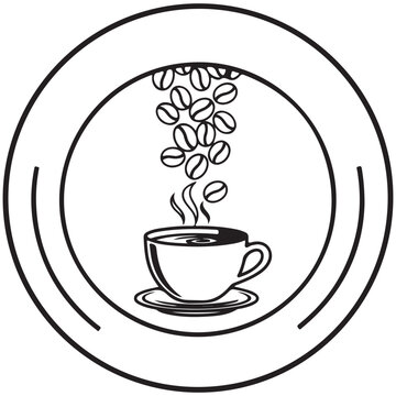 Coffee cup with falling beans and steam in circular frame vector illustration isolated on white background