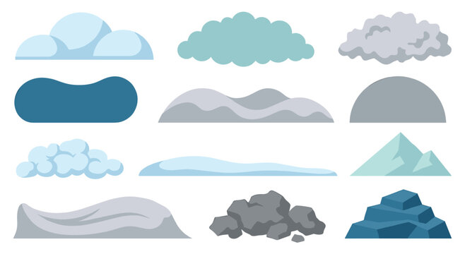Assorted nature elements. Gentle shapes representing weather, terrain, and winter landscape, abstract background design.
