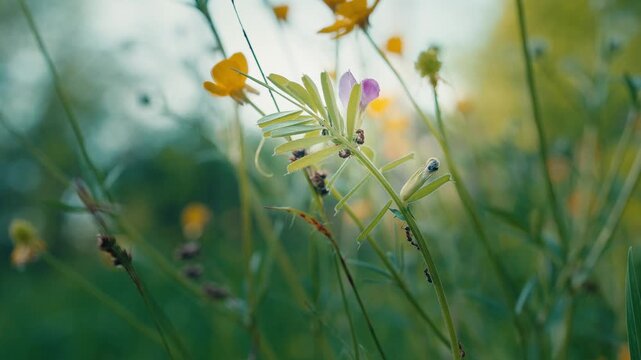 Small yellow flowers swaying among grass in soft light