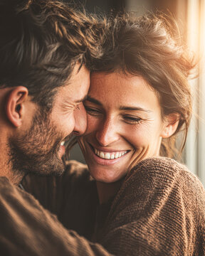 A smiling couple shares an intimate, joyful moment together, highlighting affection and warmth in soft, natural light.