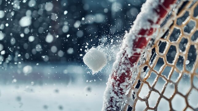Hockey puck impacting net snow