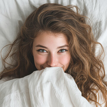 A young woman with tousled hair smiles playfully under a white blanket, lying on a bed with soft natural lighting.