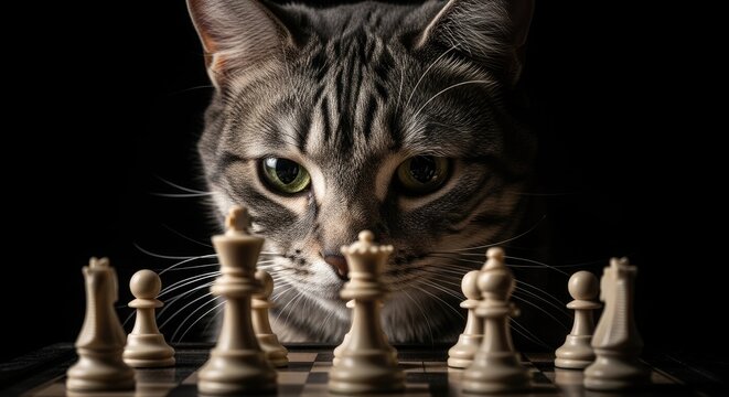 Chess cat a feline strategist in a dark game