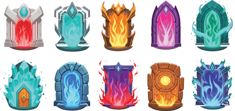 A collection of various fantasy game portal icons featuring magical gateways with elements of fire, ice, energy, and stone in a vibrant cartoon style.
