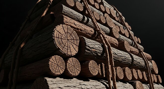 Stacked timber logs bound by rope against a dark backdrop