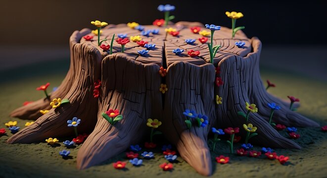 Stylized tree stump with colorful flowers decoration in a soft focus