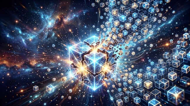 Cosmic Explosion of 3D Geometric Cubes in Outer Space with Nebula and Stars, Abstract Universe Destruction and Creation Concept, Epic Sci-Fi Galaxy Background