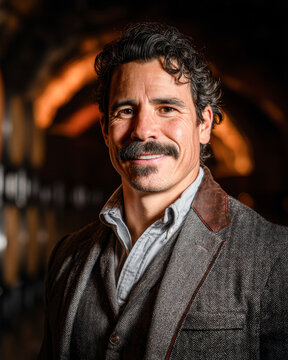 A man with curly hair and a mustache smiles confidently while wearing a tweed jacket in a warmly lit indoor setting.