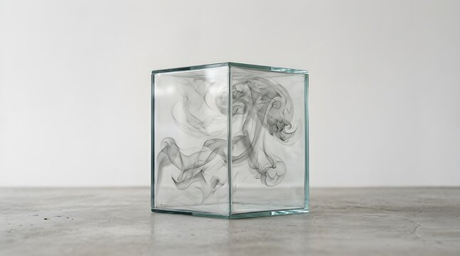 Minimalist Art of Ethereal Gray Smoke Trapped Inside a Clear Glass Cube, Abstract Movement and Fluid Dynamics Concept for Modern Interior Gallery