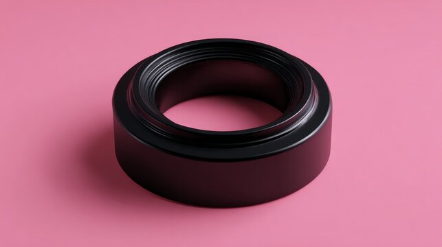 Black ring sits centered on soft pink background