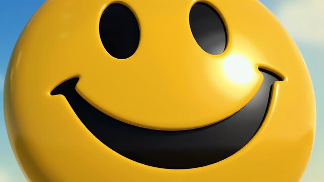 A vibrant yellow smiley face icon is prominently displayed against a bright blue sky with a sun flare, evoking feelings of happiness and positivity.