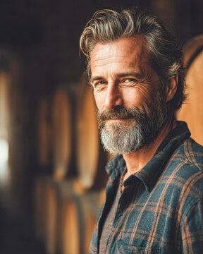 A mature man with a beard smiles warmly in a rustic setting with wooden barrels in the background.